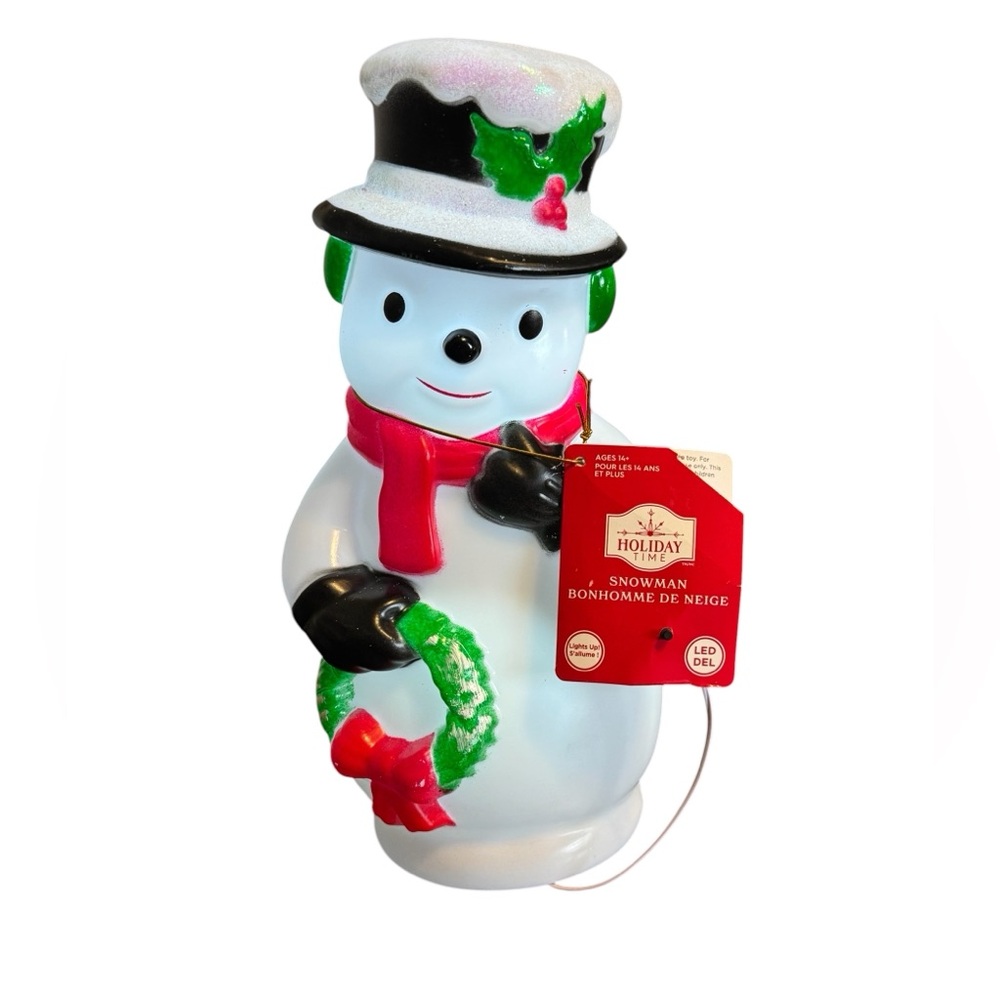 Holiday Time LED Light Up Snowman Wreath Holly Hat Christmas Tabletop Decoration